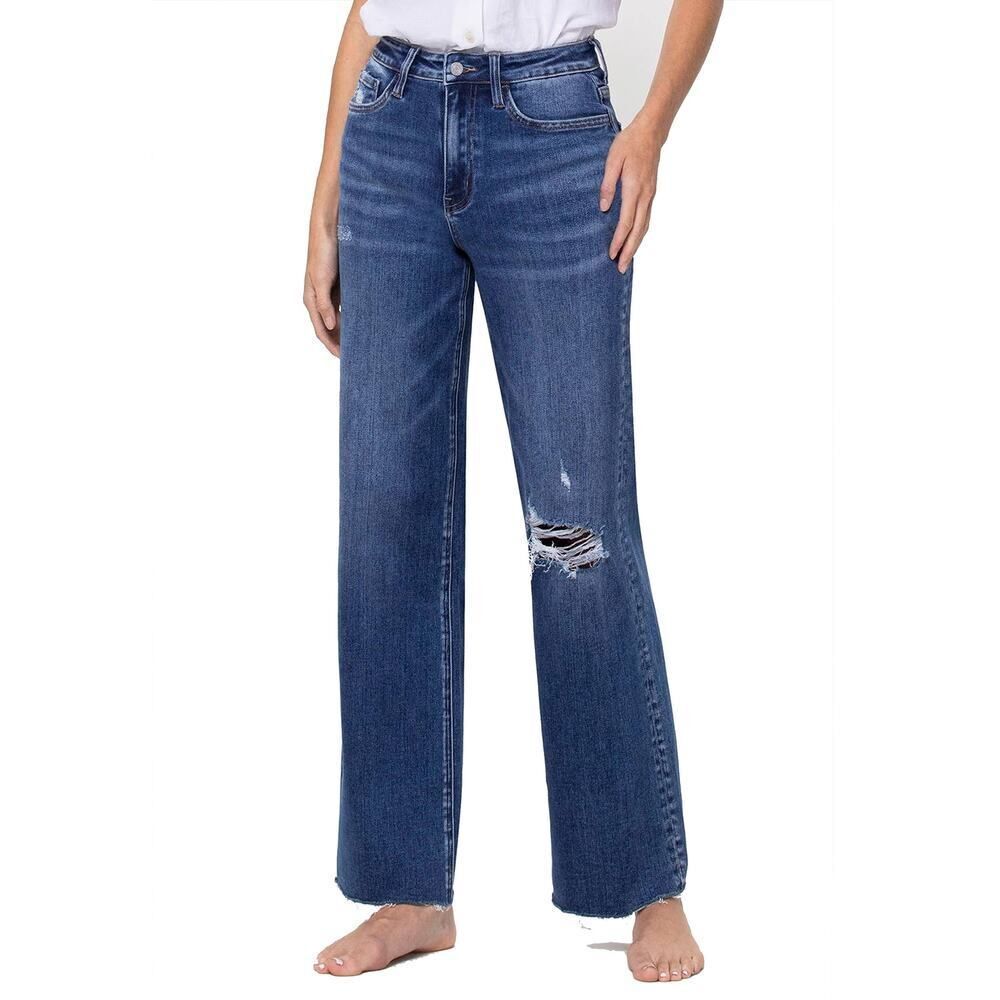 VERVET BY FLYING MONKEY High-Rise Wide Leg Distressed Jeans - Dark Blue